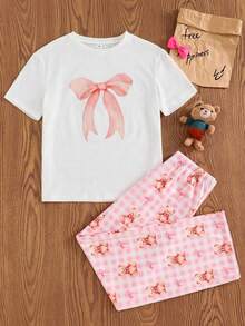 SHEIN Tween Girl Knit Bow Pattern T-Shirt And Plaid Bow Graphic Casual Pants 2 Pieces Loungewear Set - Pink - View 4