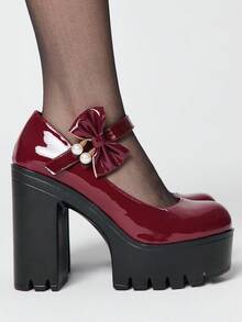 ROMWE Kawaii Women's Fashionable And Casual Platform High-Heeled Shoes, Punk-Style Elegant Solid Color With Bow And Pearl Strap Decorations, Comfortable Chunky Heel Platform Shoes For Nightclubs, Parties, And Holidays. Valentine's Day - Burgundy - View 4