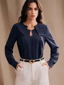 Anewsta 时尚休闲别致水滴镂空领简约袖设计通勤现代优雅女式衬衫 - 藏蓝色 - 查看 5