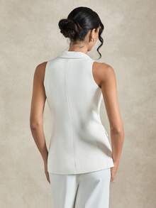 Briarwyn Conjunto de Terno Feminino com Blazer Casual de Gola Mandarim de Cor Sólida, Sem Mangas, Dupla Fileira de Botões, Fino, Roupas de Trabalho Elegantes para Mulheres de Escritório, Vestido Formal, Branco, Traje de Formatura, Cerimônia de Formatura - Damasco - Visão 6