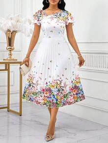 SHEIN Lady Petite Elegantes weißes Blumen Sommerkleid für Frauen, kurzes Trompetenärmel Rundhals Rüschen Midi-Länge Sommerkleid, Brunch Strand Resort Kleidung Hochzeitsgast Party, zierliche Frauen - Verschiedenfarbig - Übersicht 9