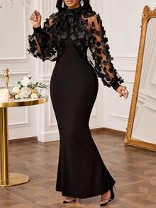 SHEIN Lady Petite Đầm đen dáng nhỏ nhắn dành cho nữ, thêu hình bướm 3D, phối ren, dài ôm sát, kiểu đuôi cá, đầm nhỏ thanh lịch dự tiệc, đầm dự đám cưới cho nữ. - màu đen - Xem 8