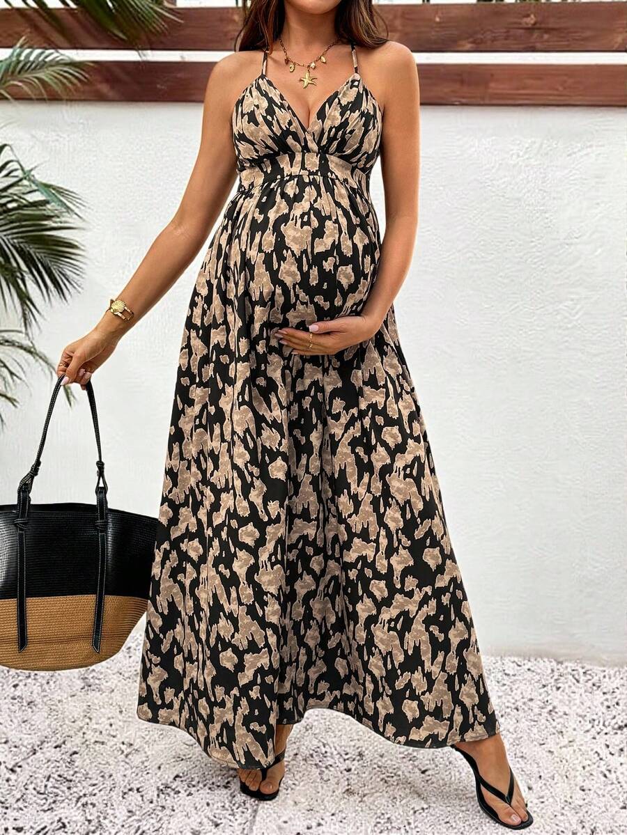 SHEIN Maternity Clothes Maternity Dress Leisure Vacation Summer Maternity Clothes Maternity Dress Leisure Vacation Summer Brown Backless Cross-Strap Slip Dress With All-Over Print, Perfect For Vacation Wear. Bohemian Style Maternity Dress, Maternity Maxi Dress, Backless Maternity Dress, Maternity Wear, Backless Maxi Dress. - Mocha Brown - View 1