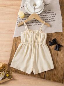 夏季度假杏色纹理蝴蝶结吊带连体衣，可爱女宝宝夏季连体衣，蝴蝶结套装，女宝宝白色服装配黑色蝴蝶结，女宝宝夏季套装，女宝宝连体衣 - 杏色 - 查看 2