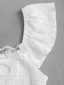 Sweetra Women's Textured White Bow Tie Splice Lace Trim Square Neck Sweet Cute Vacation Style T-Shirt - White - View 4