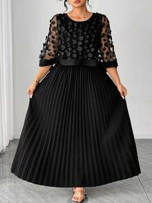 Elenzga 大码女士优雅3D立体花卉网纱褶皱连衣裙 - 黑色 - 查看 7