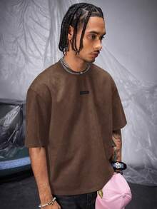 AXEPEAK Men's Air Layer Suede Fleece Loose Knit Short Sleeve T-Shirt - Brown - View 2