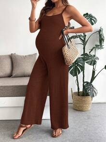 SHEIN Maternity Solid Color Ribbed Casual Wide Leg Jumpsuit - Coffee Brown - View 5