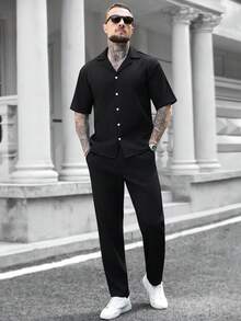 Manfinity CasualCool Men's Casual Solid Color Short Sleeve Shirt & Pants Set Mens Clothes Outfits Classic Outfit For Men Mans Outfit Male Outfit Polo For Men Formal Outfit Old Money,Daily Leisure, Weekend Trips, Outdoor Activities, Travel Expeditions, Relaxed Work Environments Or Semi-Formal Occasions, Boyfriend/Husband Gift, Anniversary /Birthday Gift Party Summer Vacation Holiday,Wedding,Spring To Summer,Easter,Y2k,Vintage - Black - View 8