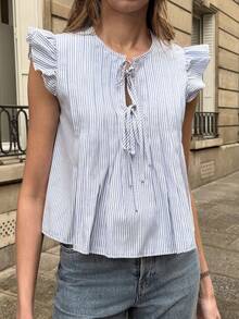 Pariaura Women's French V-Neck Tie Sleeve Blouse - Blue and White - View 1