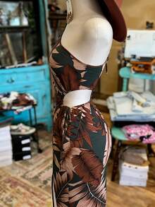 INAWLY Women's Fashion Leaf Print Slit Sleeveless Asymmetric Dress - Multicolor - View 3