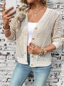 Breezaya Women's Apricot V-Neck Perforated Button Cardigan, Fashionable Versatile Minimalist Design, Suitable For Spring/Summer, Beach Vacation - Apricot - View 1