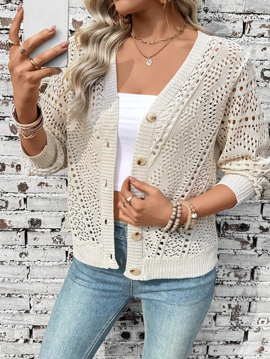Breezaya Women's Apricot V-Neck Perforated Button Cardigan, Fashionable Versatile Minimalist Design, Suitable For Spring/Summer, Beach Vacation - Apricot - View 1