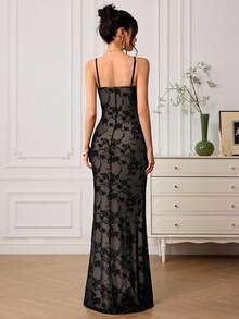 EastFlair Đầm maxi đuôi cá hai dây bằng vải lưới họa tiết hoa thanh lịch dành cho nữ, thích hợp cho mùa hè. - màu đen - Xem 8