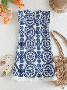 Travachic KIDS Tween Girls' Elegant Summer Vacation Blue & White Floral Print Dress - Blue - View 2