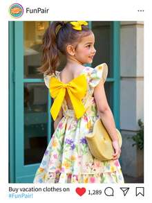 SHEIN Girls Elegant Floral Print Round Collar Flutter Sleeve Hollow Back Bow Decor Waist Ruffle Hem Casual Fashionable Dress, Suitable For Vacation/Travel In Summer Girls Floral Bow Dress Yellow Floral Girls Dress Girl Floral Dress Little Girl Floral Dress Girls Bow Dress Summer Holiday - Yellow - View 9