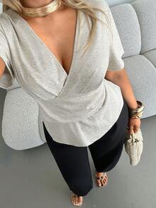 Auralis Plus Size Plain Grey Summer Smart Casual Everyday Women's Cross-Over Wrap V-Neck Fitted A-Line Asymmetrical Hem 2 In 1 Short Sleeve Elegant T-Shirt - Apricot - View 5
