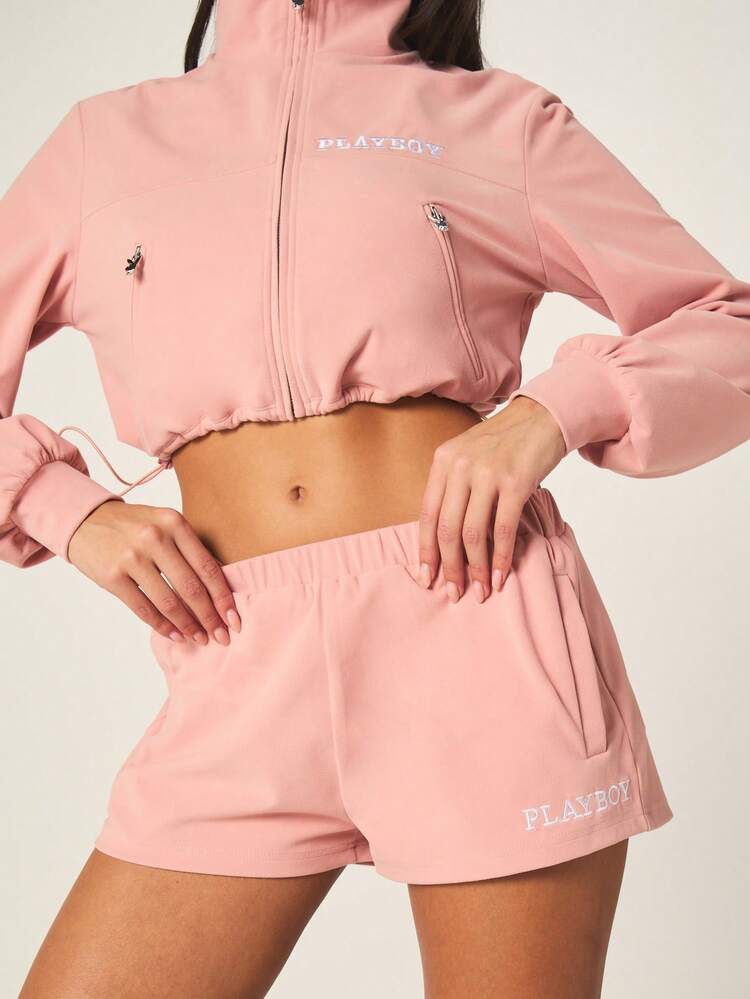 Missguided x Playboy Bunny Logo Fleece Shorts With Elastic Waist And Drawstring Mid Thigh Length Casual Comfort Shorts For Everyday Wear