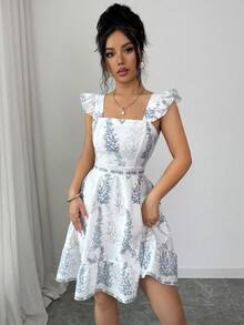 SHEIN Elenzya 女士蝴蝶结露背腰带A字连衣裙，魅力优雅假日休闲甜美可爱通勤海滩海岛性感时尚约会法式街头复古百搭春夏蓝白新款喇叭袖连衣裙 - 彩色 - 查看 5