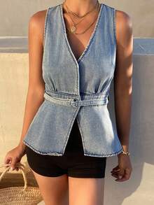 Livesso 女士V领休闲无袖牛仔上衣 - 藍色 - 查看 2