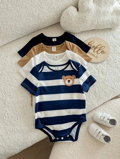 Pelele de bebé recién nacido niño lindo de verano con estampado de rayas y dibujos animados, multicolor