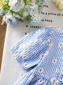 SHEIN Genkimix Kids 1pc Young Girl Daisy Pattern Gingham Cotton Texture Fabric Puff Sleeve Front Bow Knot Dress, Spring To Summer - Blue - View 4