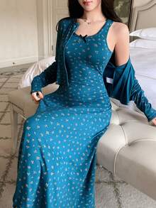 DAZY 两件套碎花吊带连衣裙和长款开衫套装，女士睡衣套装 - 薄荷綠 - 查看 3