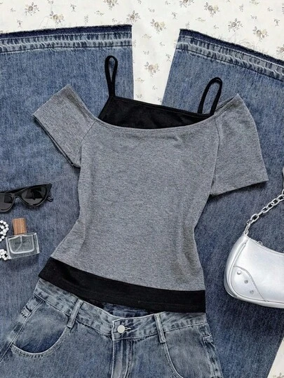 SHEIN Camiseta casual con tirantes de espagueti y hombros descubiertos de color contrastante para adolescentes, adecuada para verano, vacaciones, ocio y hogar, estilo BM
