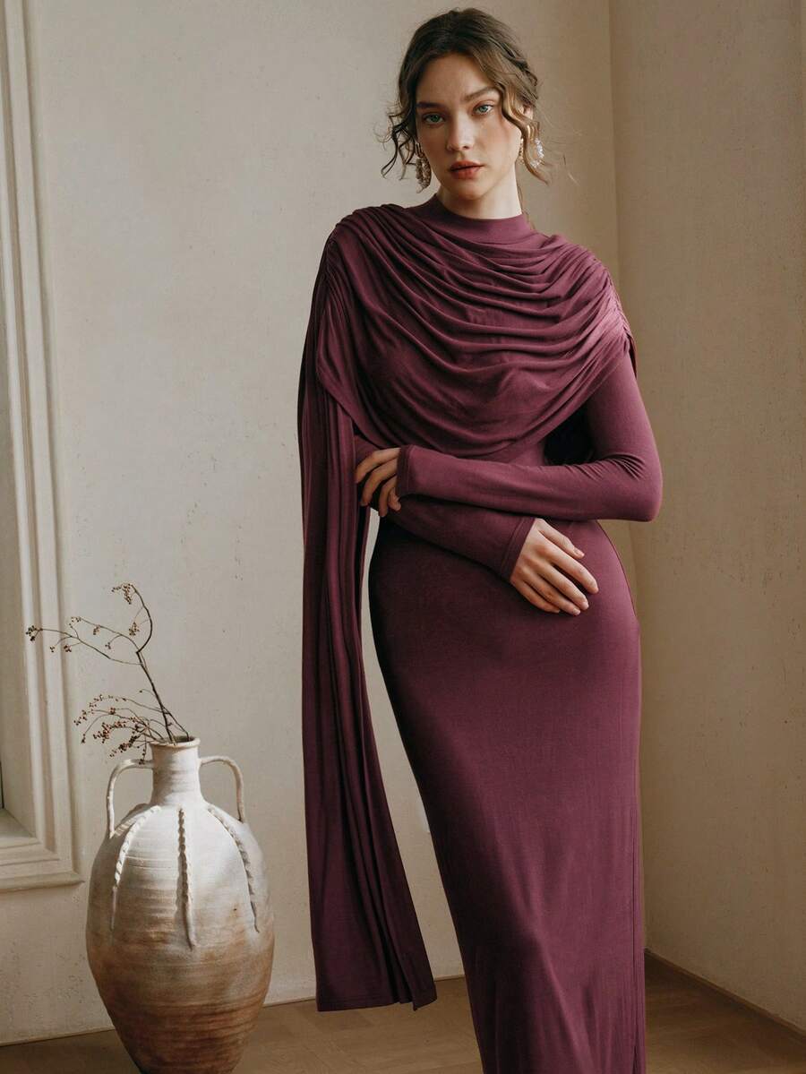 Anewsta Vestido de noche elegante ajustado con cuello alto fruncido - Burdeos - Ver 1