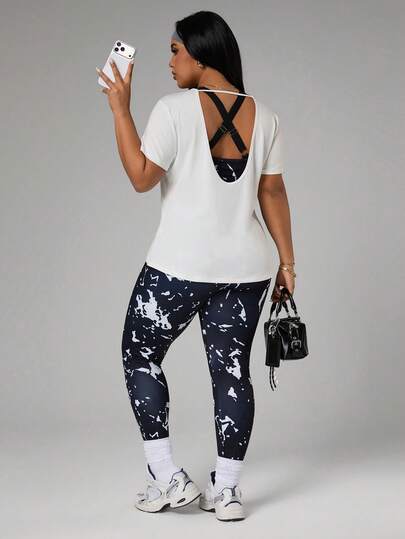 Rhythm Era 3pcs/Set Women's Casual Sports Printed T-Shirt, Tank Top & Leggings