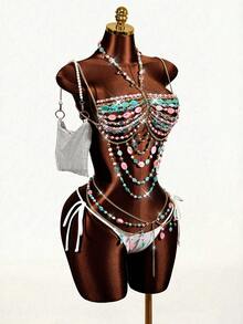 Mistrie 女士彩色宝石性感挂脖比基尼套装，春夏款，适合海滩泳池派对度假穿着，春夏波西米亚风泳装，2026夏季女士沙滩比基尼，女士夏季服装，沙滩连衣裙，女士沙滩装，优雅休闲夏季度假装，女士度假装，女士泳装，女士泳衣，串珠比基尼，波西米亚风比基尼套装，度假比基尼套装，钩针比基尼套装，三件套泳装 - 彩色 - 查看 3