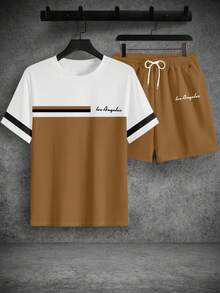 Manfinity Homme 男士洛杉矶标语撞色图案休闲T恤短裤套装，男士简约通勤短袖T恤短裤两件套，春夏男士，男装，男士沙滩装，女士度假装，男士两件套T恤，男士情人节礼物，男友夏季服装 - 彩色 - 查看 5