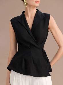 Uhlyne 女士简约亚麻V领无袖系带褶裥上衣 - 黑色 - 查看 4