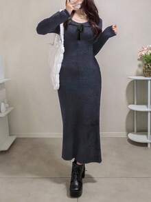 FRIFUL Women's Front Tie Camisole Knit Top And Long Sleeve Knit Bodycon Dress 2 Pieces Set - Grey - View 2