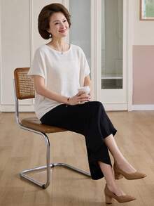 Livesso 女士宽松蝙蝠袖亮面T恤针织衫 - 米色 - 查看 6