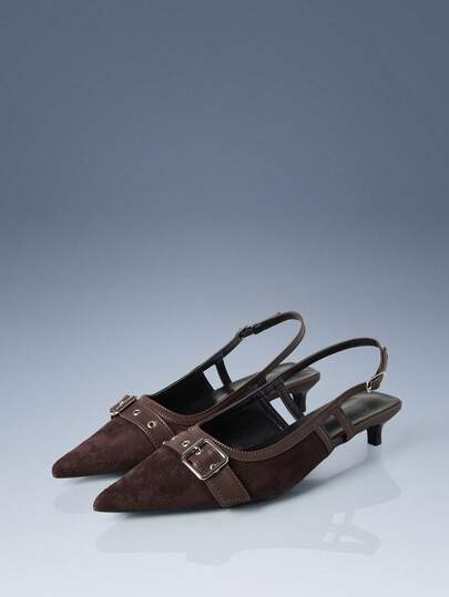 CUCCOO GRLICON Retro Brown Pointed Shoes Metal Single Buckle Decoration Kitten Heel Empty Women's Shoes