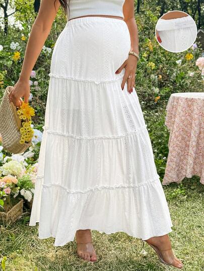SHEIN Maternity Casual Vacation Solid Color Schiffy Adjustable Waist Frill Tiered Hem Skirt