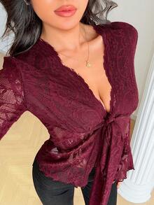 Islaluna 优雅蕾丝上衣 性感上衣 约会之夜上衣 开襟上衣 酒红色上衣 蝴蝶结上衣 夏季上衣 春假情人节沙滩上衣 优雅女士上衣 休闲女士红色上衣 - 酒紅色 - 查看 3