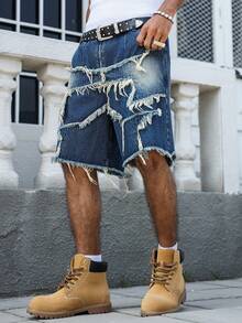 Manfinity EMRG European And American Style Distressed Star Wash Loose Casual Denim Shorts - Dark Wash - View 6