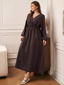 EMERY ROSE Đầm nữ cỡ lớn kiểu dáng đơn giản, màu trơn, cổ chữ V, tay phồng, thắt eo, thích hợp mặc hàng ngày đi làm, mùa xuân/thu. - Màu nâu Sô-cô-la - Xem 6