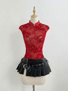 Elamini Elegant Lace Camisole Top For Women - Red - View 3