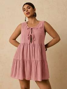 Travachic Plus Size Casual Versatile Black Cotton Front Tie Bow Sleeveless Short Dress - Pink - View 5