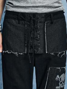 ROMWE MEN Goth 男士时尚深色喇叭拼接牛仔裤 - 黑色 - 查看 2