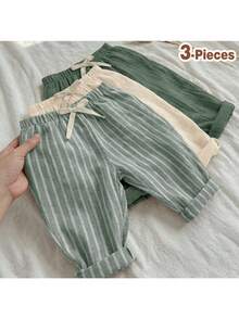 Loomiva 3pcs Baby Boys/Girls Elastic Waist Pants Set With Decorative Ribbon, Versatile & Comfortable For Outings, Street Style, Home, Party,Kids - Multicolor - View 6