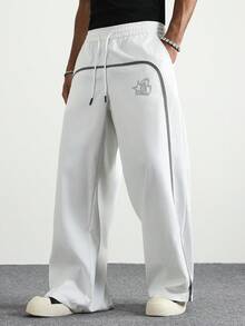 PAVTROS 男士撞色字母印花拉链阔腿裤，街头风格，秋季 - 白色 - 查看 1