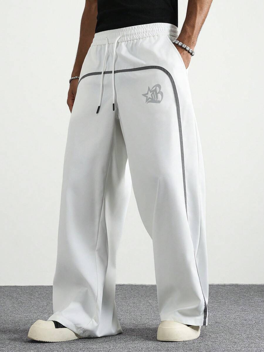 PAVTROS 男士撞色字母印花拉链阔腿裤，街头风格，秋季 - 白色 - 查看 1