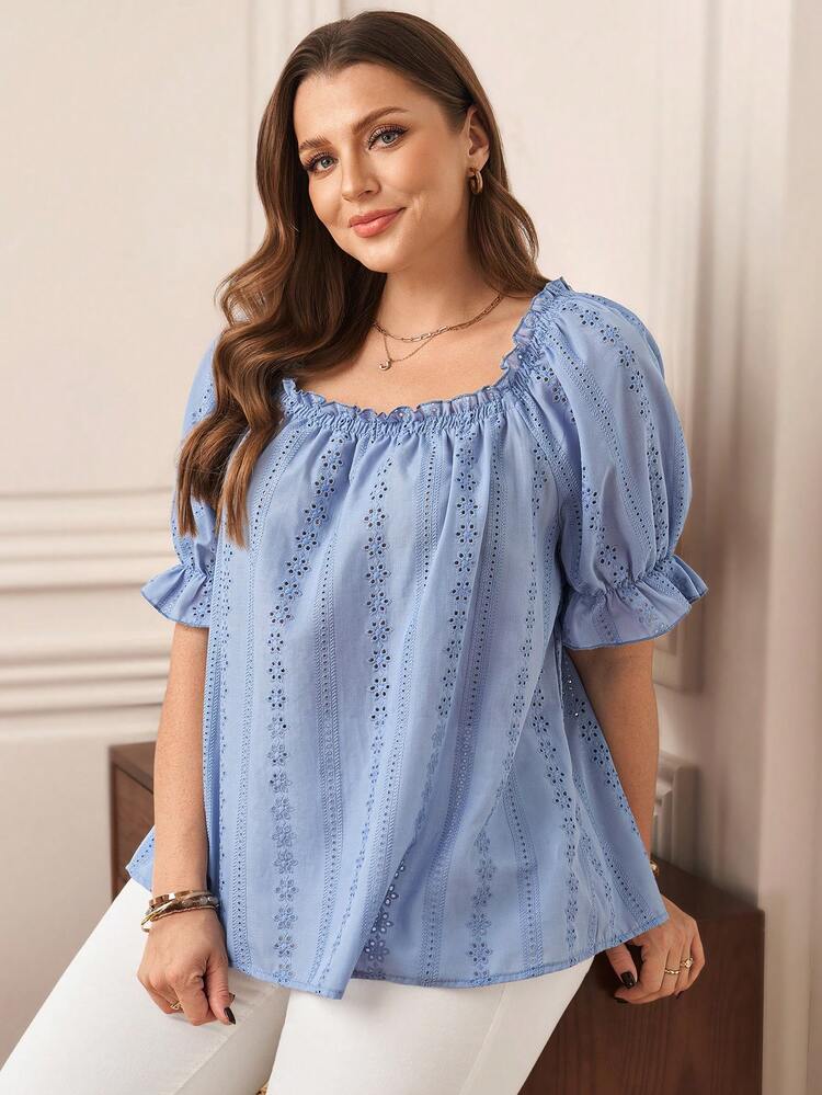 Plus Size Summer Blue Casual Solid Color Hollow Out Embroidered Vacation Tops, Elegant Vacation Going Out Top, Smocked Top