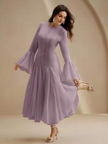 Anewsta Gaun Putih Elegan Lengan Panjang Model Mengembang dengan Kancing di Lengan - Mauve Purple - View 6