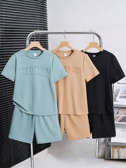 6pcs/Set Tween Boy Casual Loose Letter Pattern Crew Neck T-Shirt And Shorts Clothes Set, Suitable For Commuting, School, Daily Use, Sports Activities, Spring/Summer