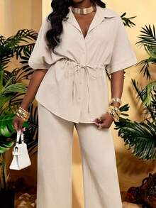 SHEIN VaVaLuxe 2pcs Linen Blend Short Sleeve Tie-Waist Casual Shirt And Elastic Waist Straight Leg Pants Set, Spring/Summer - Apricot - View 1